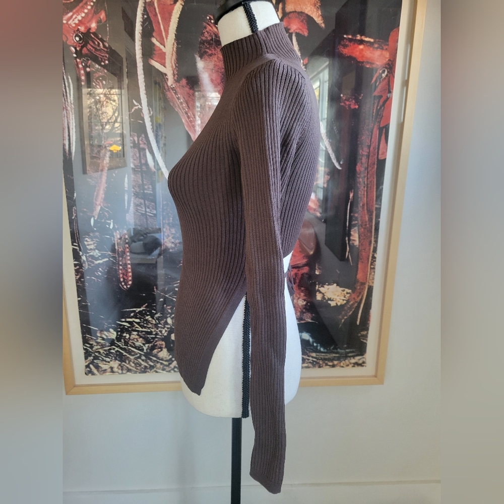Babaton Brown Sculpt Rib knit tie back Long sleeve top size xs